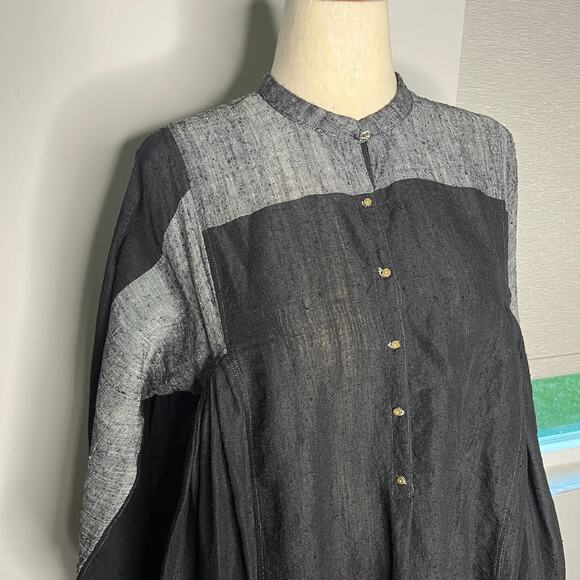 Injiri Dress 42 US XL Black Grey 100% Linen Long Sleeve Maxi India Boho - Picture 4 of 11